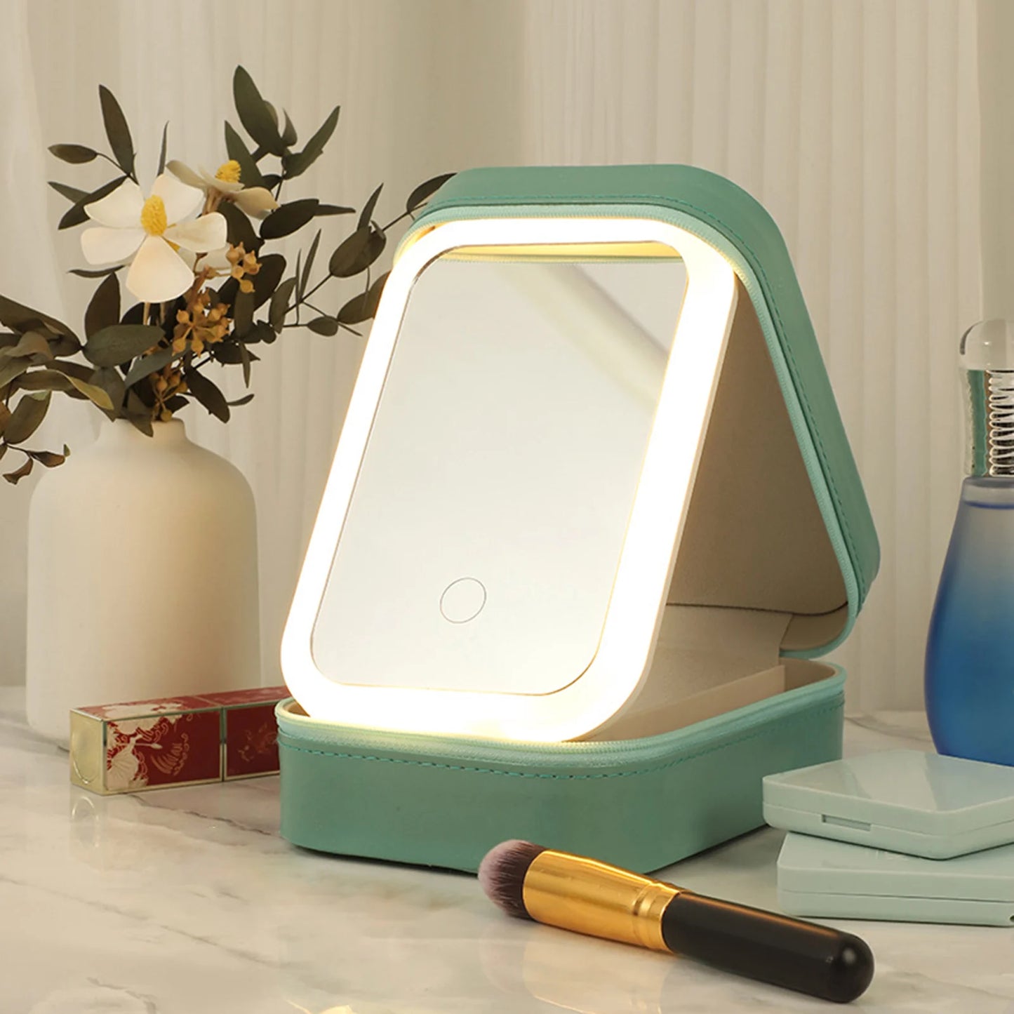 Makeup Bag with LED Lighted Mirror Travel Cosmetic Organizer Adjustable LED Vanity Mirror Women Waterproof Cosmetic Case