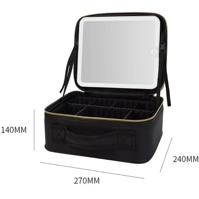 Waterproof Leather Makeup Train Case Cosmetic Bag With LED Light & Mirror 3Color Women Makeup Train Case Travel Portable