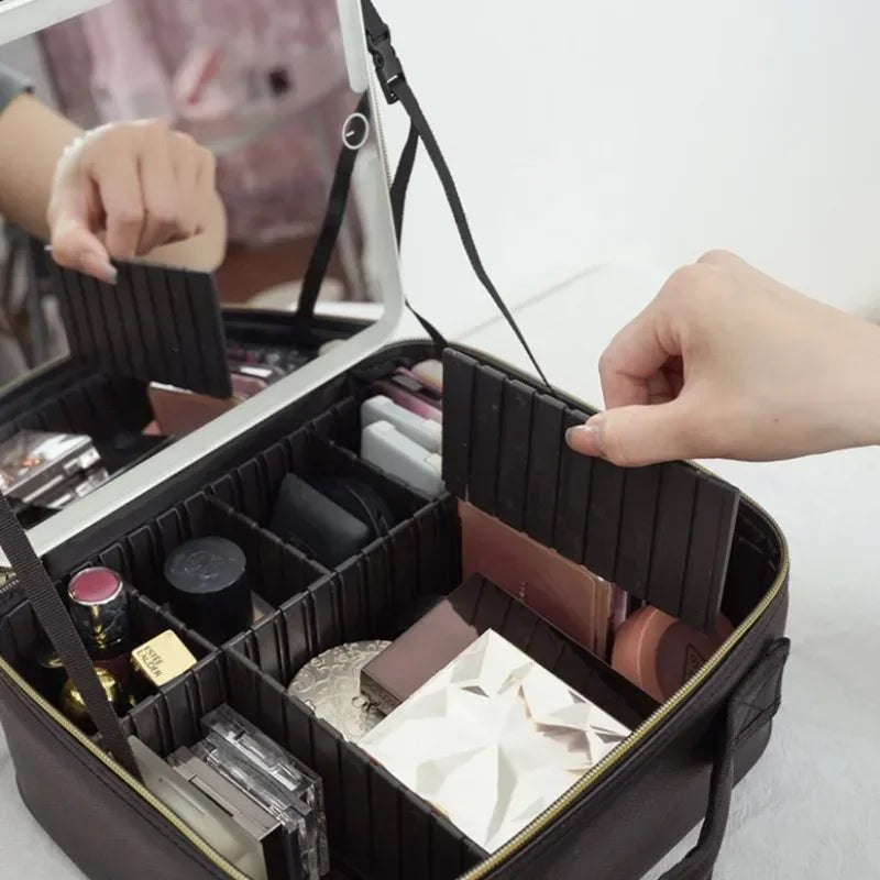Waterproof Leather Makeup Train Case Cosmetic Bag With LED Light & Mirror 3Color Women Makeup Train Case Travel Portable