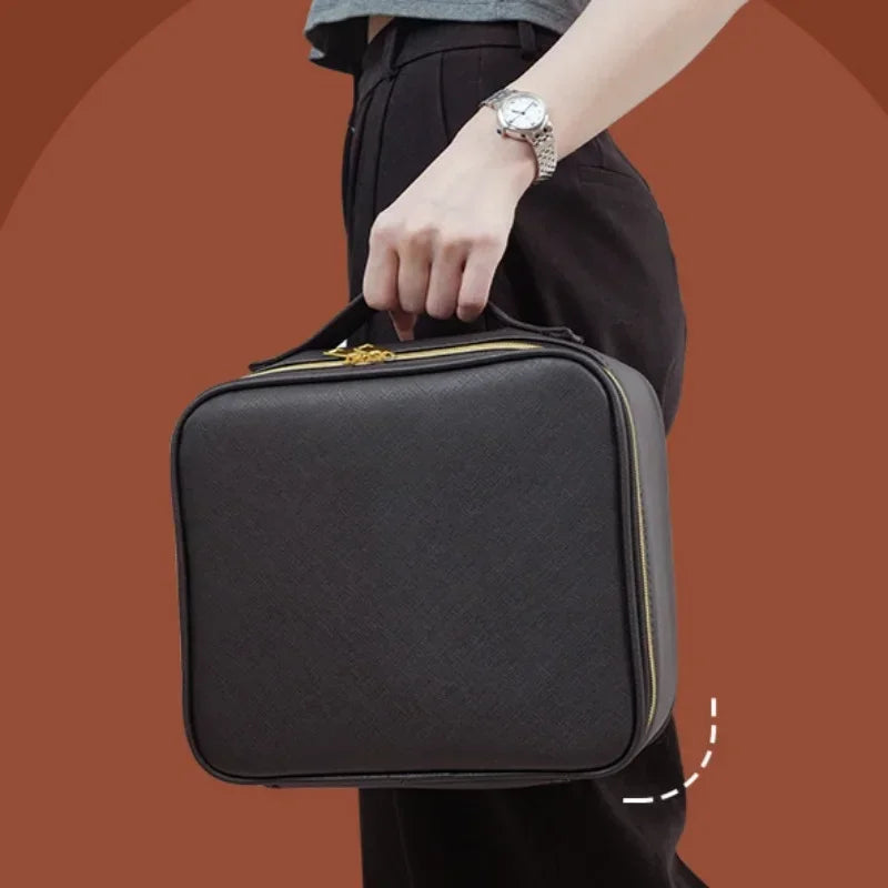 Waterproof Leather Makeup Train Case Cosmetic Bag With LED Light & Mirror 3Color Women Makeup Train Case Travel Portable