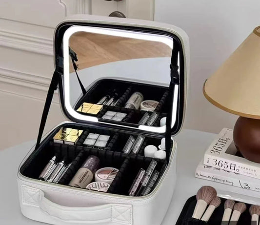 Waterproof Leather Makeup Train Case Cosmetic Bag With LED Light & Mirror 3Color Women Makeup Train Case Travel Portable
