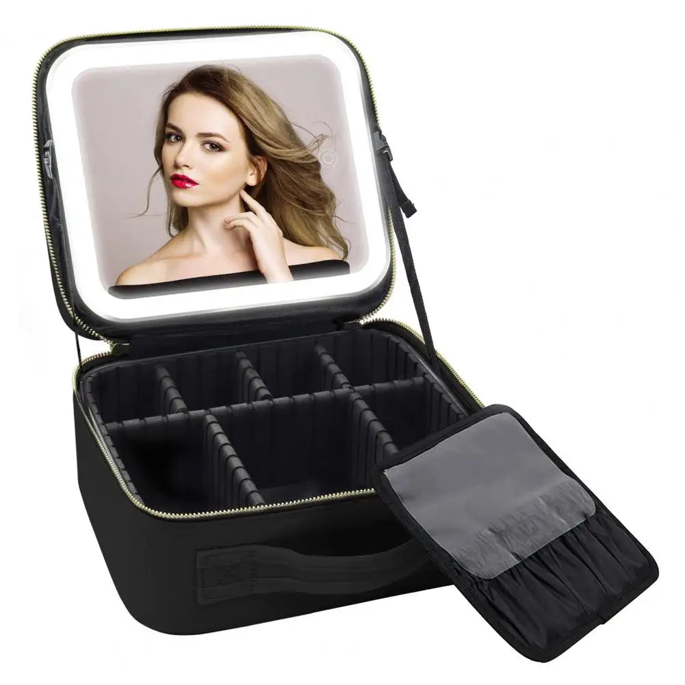 Makeup Bag with LED Lighted Mirror Travel Cosmetic Organizer Adjustable LED Vanity Mirror Women Waterproof Cosmetic Case