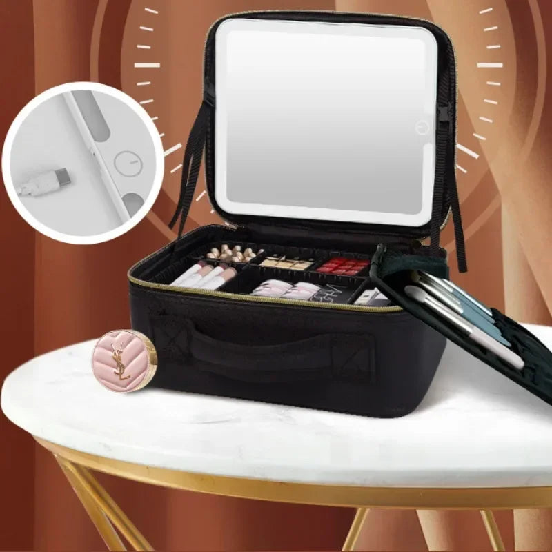 Waterproof Leather Makeup Train Case Cosmetic Bag With LED Light & Mirror 3Color Women Makeup Train Case Travel Portable