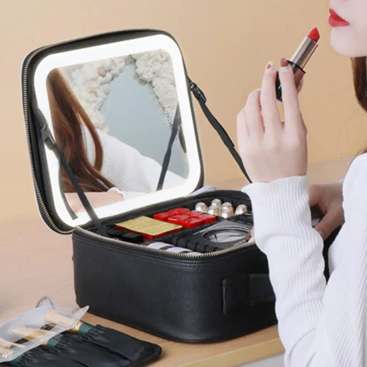 Makeup Bag with LED Lighted Mirror Travel Cosmetic Organizer Adjustable LED Vanity Mirror Women Waterproof Cosmetic Case