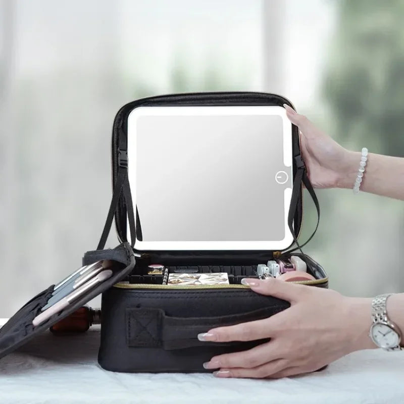 Waterproof Leather Makeup Train Case Cosmetic Bag With LED Light & Mirror 3Color Women Makeup Train Case Travel Portable