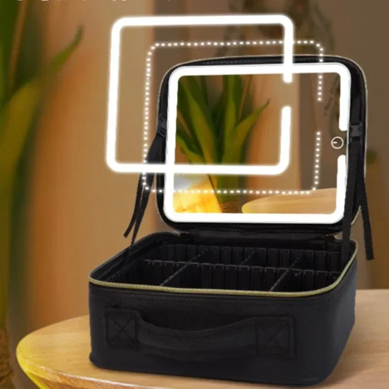 Waterproof Leather Makeup Train Case Cosmetic Bag With LED Light & Mirror 3Color Women Makeup Train Case Travel Portable