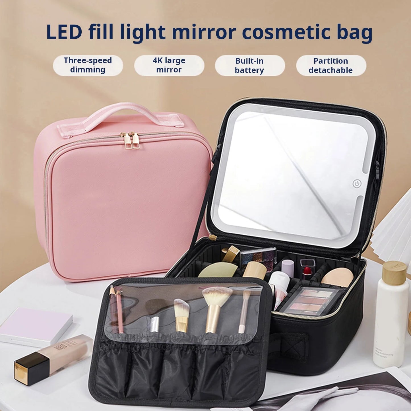 Makeup Bag with LED Lighted Mirror Travel Cosmetic Organizer Adjustable LED Vanity Mirror Women Waterproof Cosmetic Case